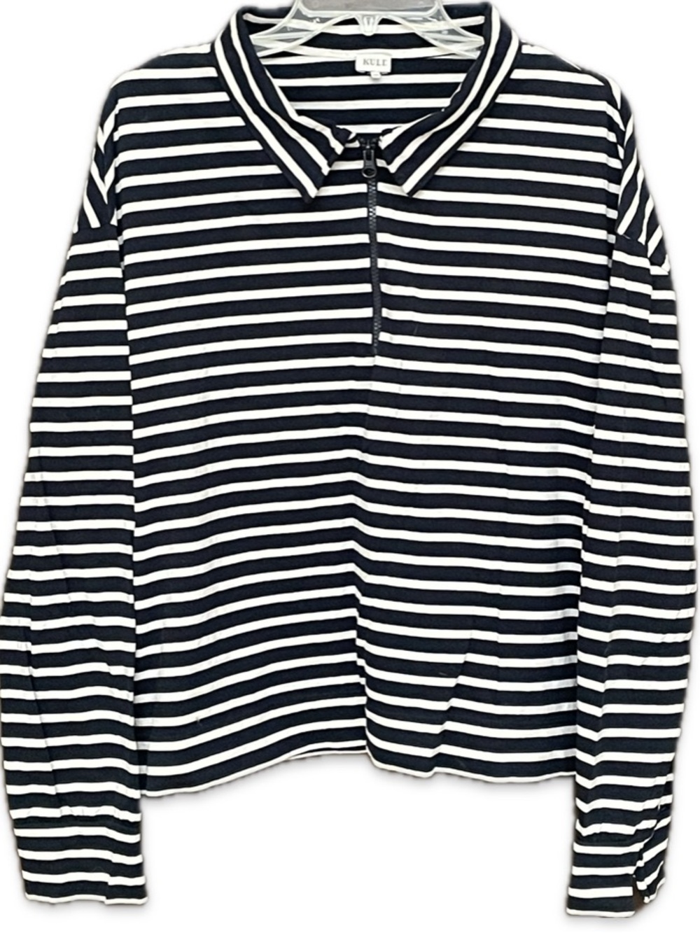 Kule 100% cotton knit top LS navy white striped zipper collar XXL Preppy Comfy